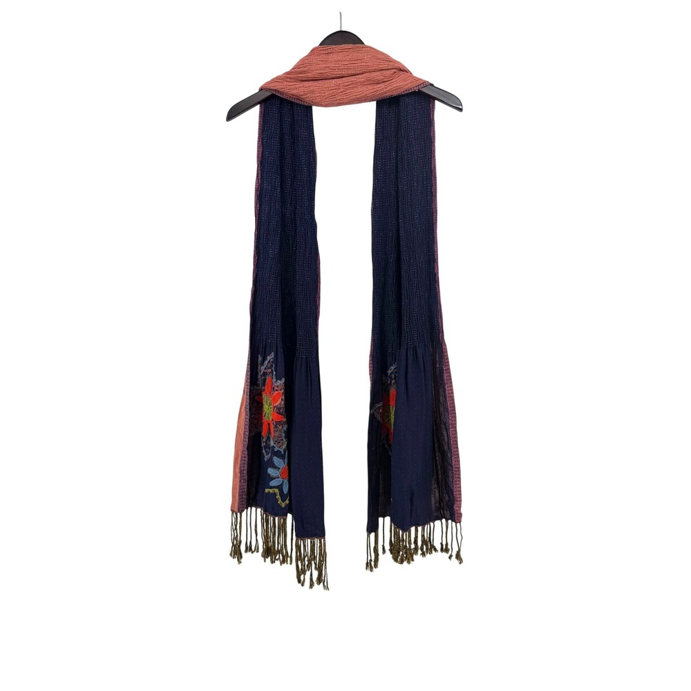 Rising Tide Reversible Scarf Terracotta Navy Blue Floral Embroidered Boho Fringe - Picture 2 of 7